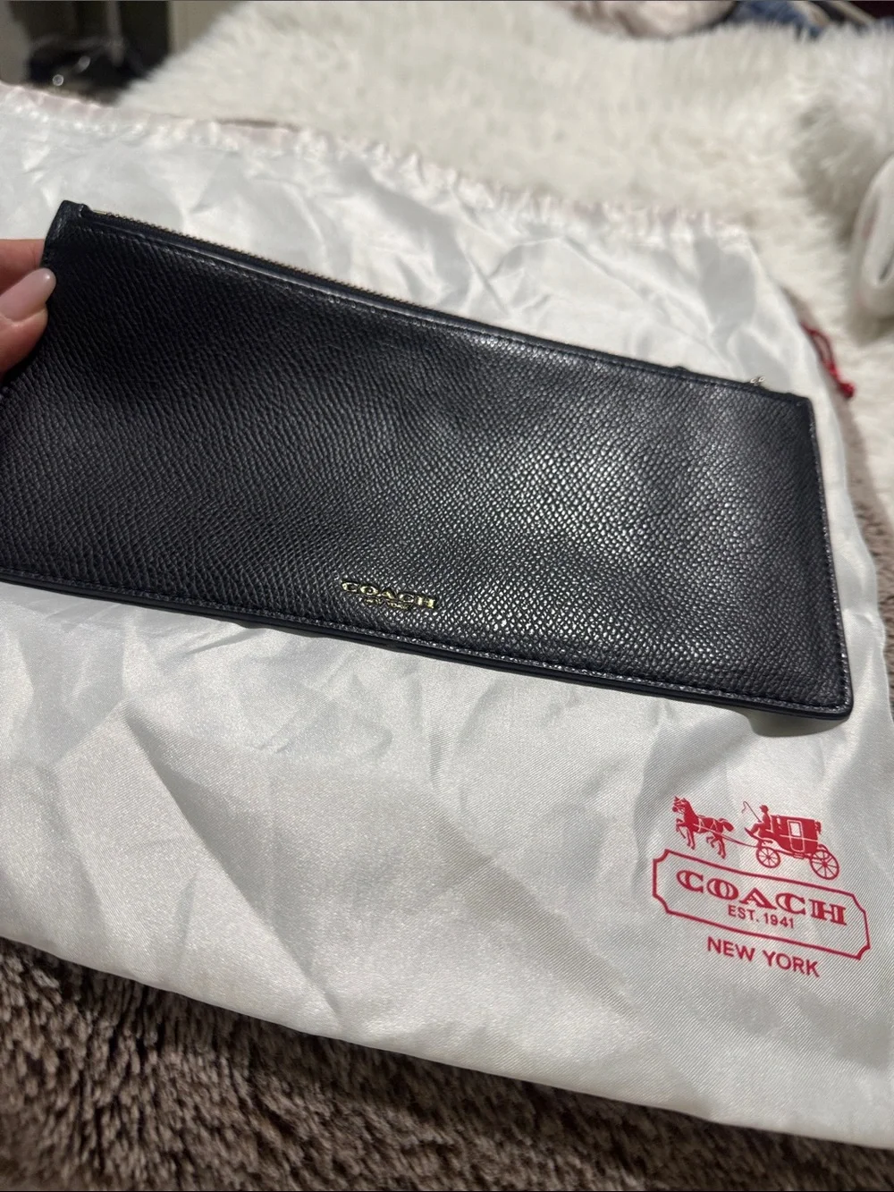 Coach Black Pebble Leather Zip Pouch with Gold Logo